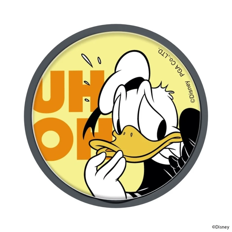 ドナルドダックが困ったような表情で汗をかいている様子を描いた円形のデザイン