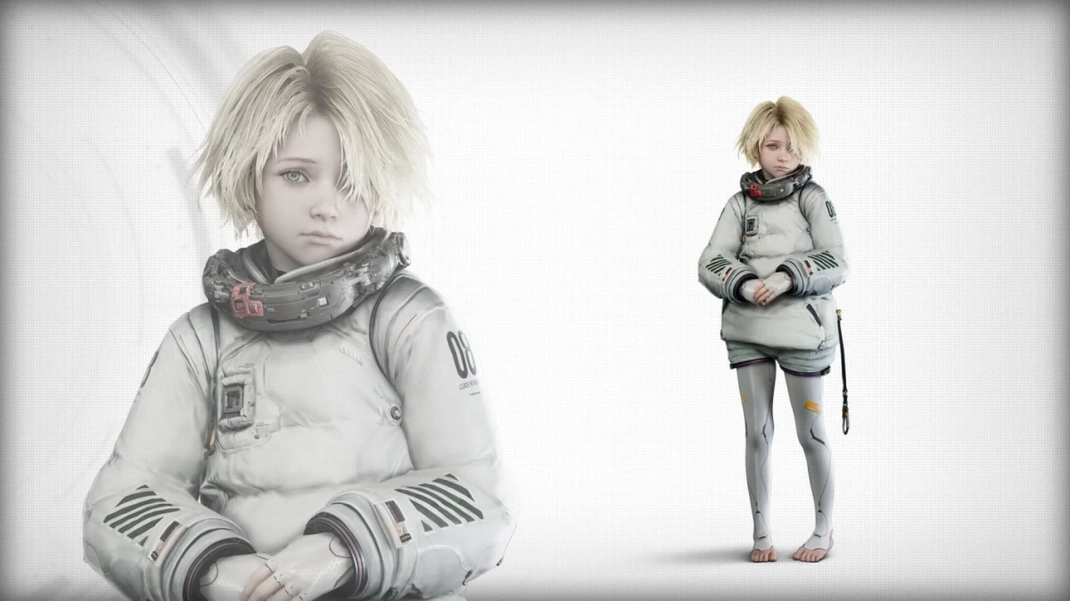 ブロンドの髪の少女が未来的な白い服を着て立つ画像