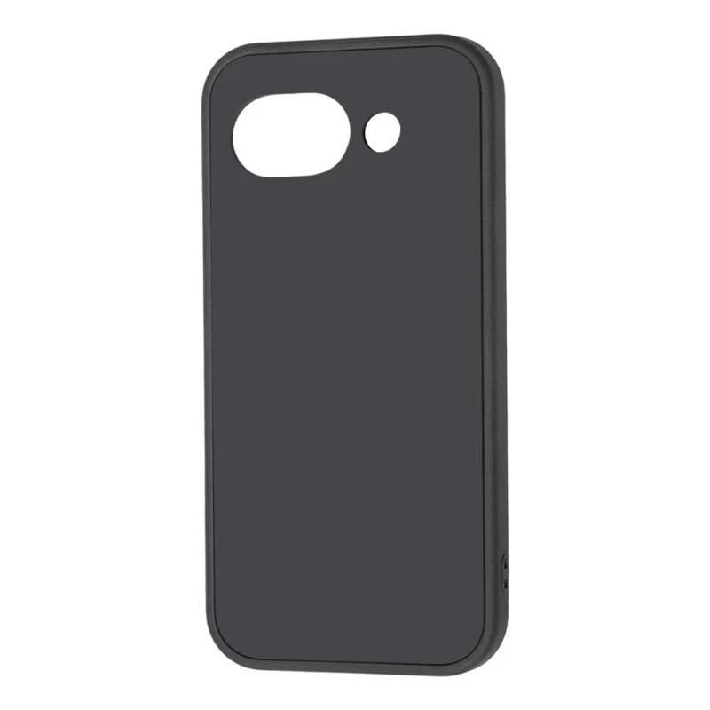 白い背景に置かれた、カメラとフラッシュ用の穴があるシンプルなダークグレーのスマートフォンケースです
