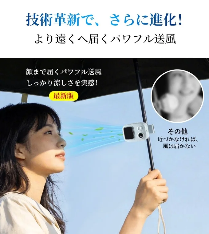 傘に取り付けられた最新版の小型扇風機が、技術革新により顔まで届くパワフルな送風を実現し、しっかりと涼しさを提供することをアピール