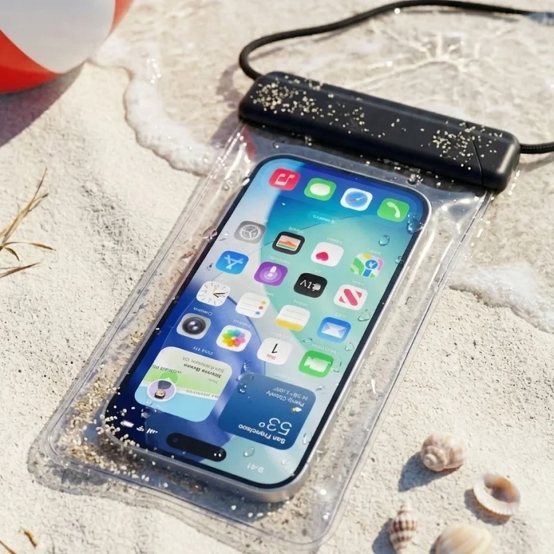 砂浜に置かれた防水ケース入りのスマートフォン