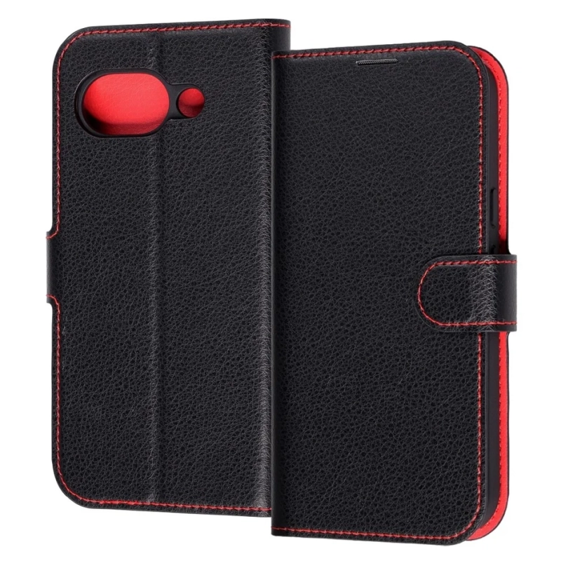 黒いフェイクレザー製の手帳型スマホケースで、赤いステッチと内側のアクセントが特徴的です