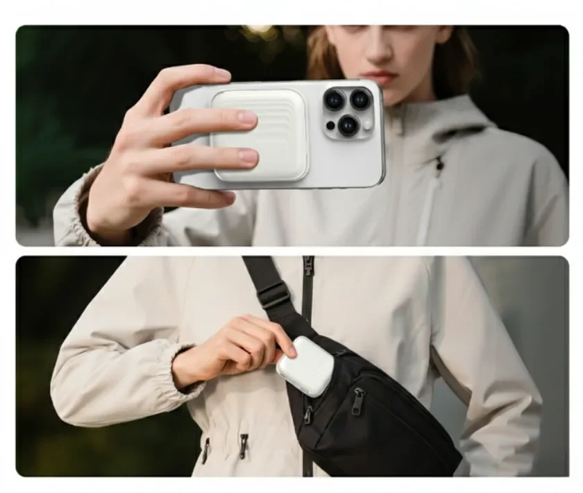 スマートフォンにマグネット式充電器を取り付けて使用している女性