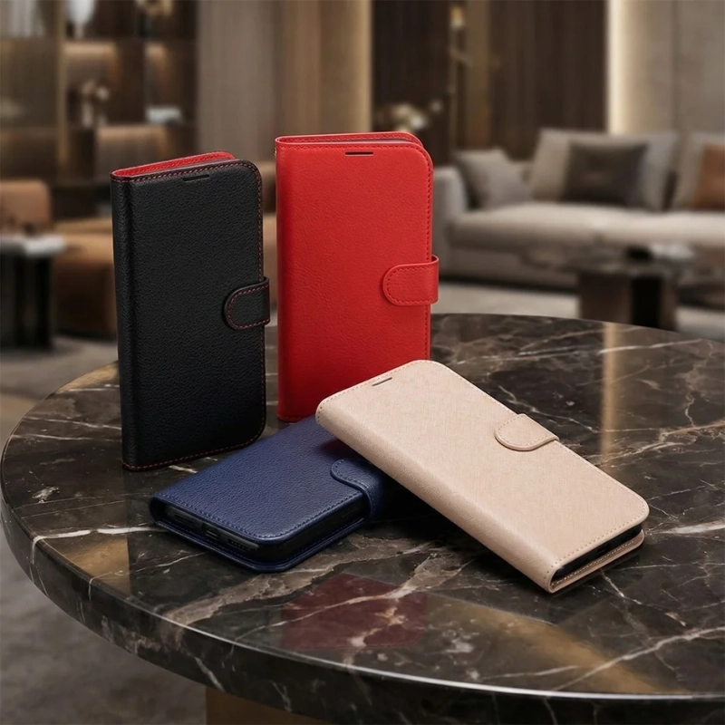 黒、赤、紺、ベージュの4色の手帳型スマートフォンケースが大理石のテーブルに並べられています