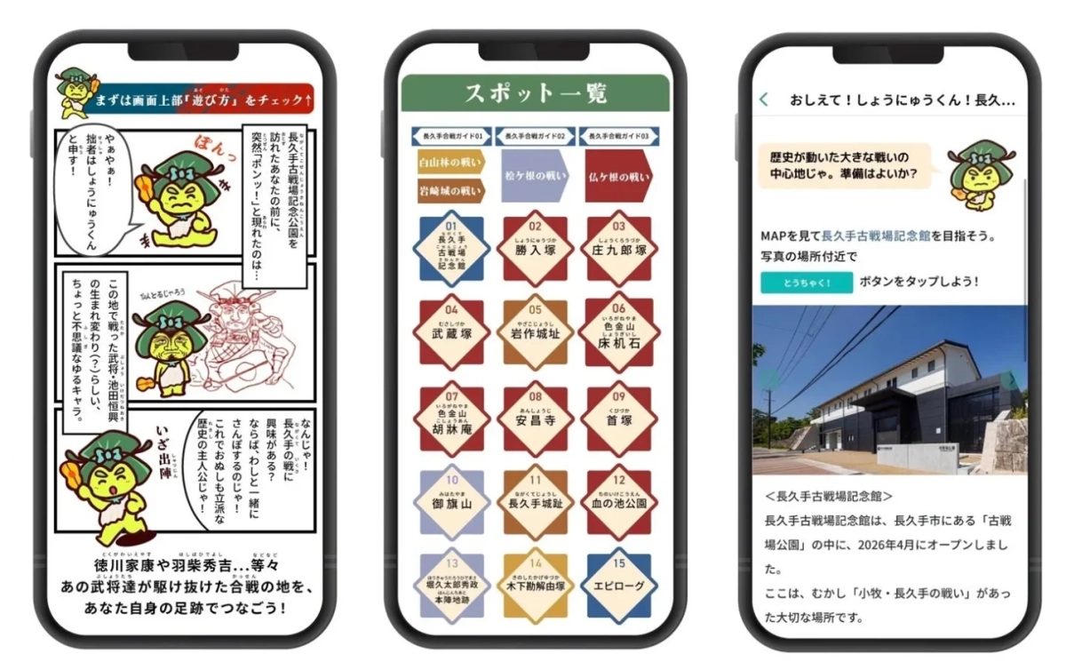 「長久手の戦い」をテーマにしたスマホアプリの画面が3つ並んでいます。ゆるキャラ「しょうゆうくん」が古戦場の歴史やスポットを案内し、ユーザーは戦場巡りの歴史体験ができます。2026年4月オープンの長久手古戦場記念館の情報も掲載されています。