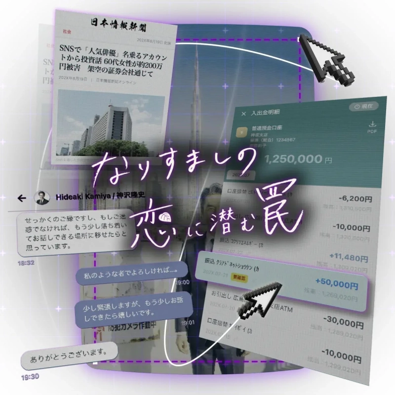 SNSのニュース記事とチャット画面、銀行の入出金明細が重ねられ、ロマンス詐欺の危険性を示唆している