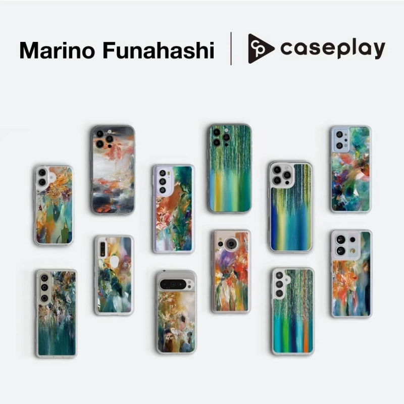 Marino Funahashiとcaseplayのコラボレーションによる、様々なスマートフォンモデル向けのアートデザインスマホケースコレクションです。鮮やかな色彩の抽象画が特徴です。