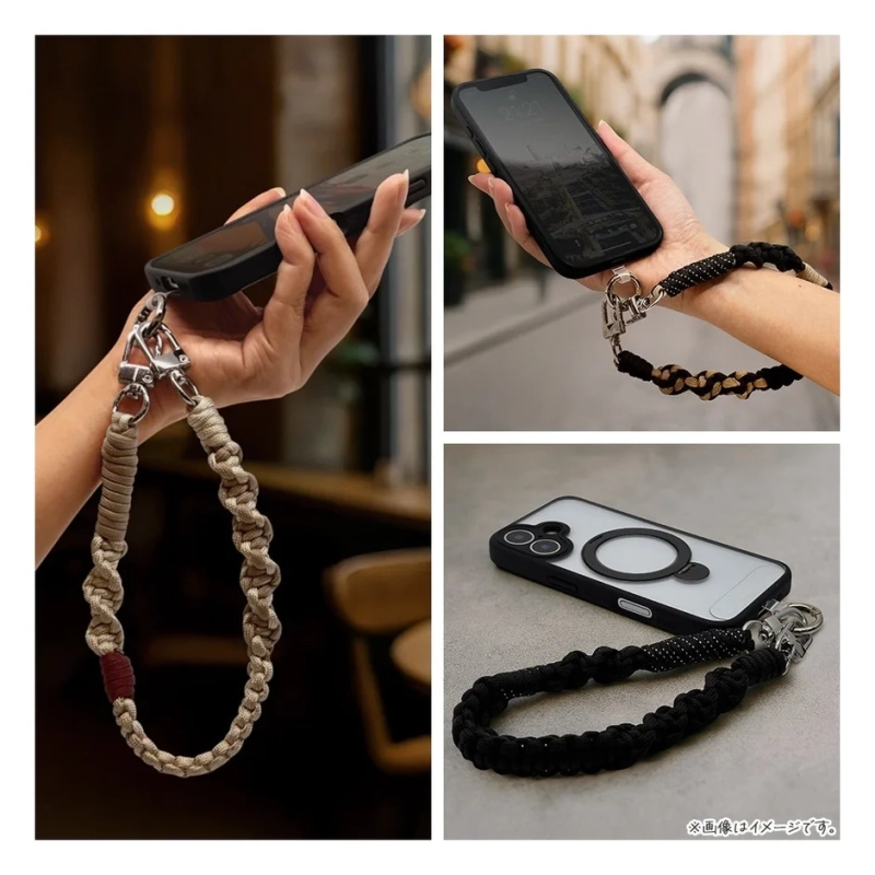 スマートフォンに装着する編み込み式のハンドストラップの使用例を紹介する画像です。
