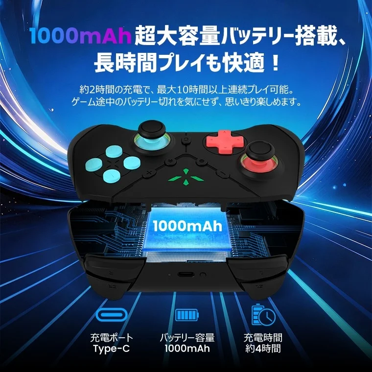 1000mAhの超大容量バッテリーを搭載したゲームコントローラー