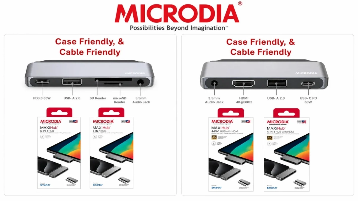 MICRODIAのMAXIHub USB-Cハブ製品の紹介。5-IN-1とHDMI対応4-IN-1の2モデルを展示し、PD充電、USB-A、SD/microSD、オーディオジャックなど多様なポートを持つ多機能ハブの広告。