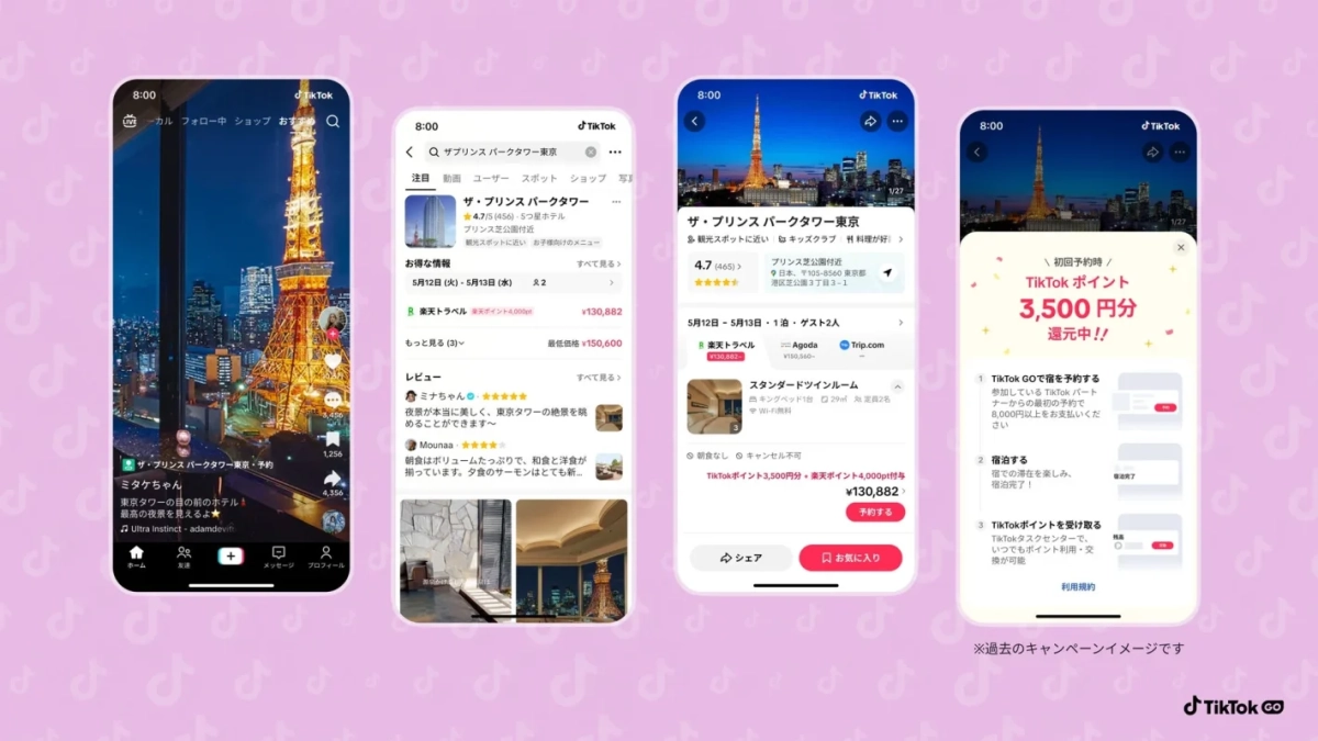TikTokアプリのホテル予約機能を紹介する画像。東京タワーを望むザ・プリンス パークタワー東京の宿泊プランやレビュー、TikTokポイント還元キャンペーンが表示されています。