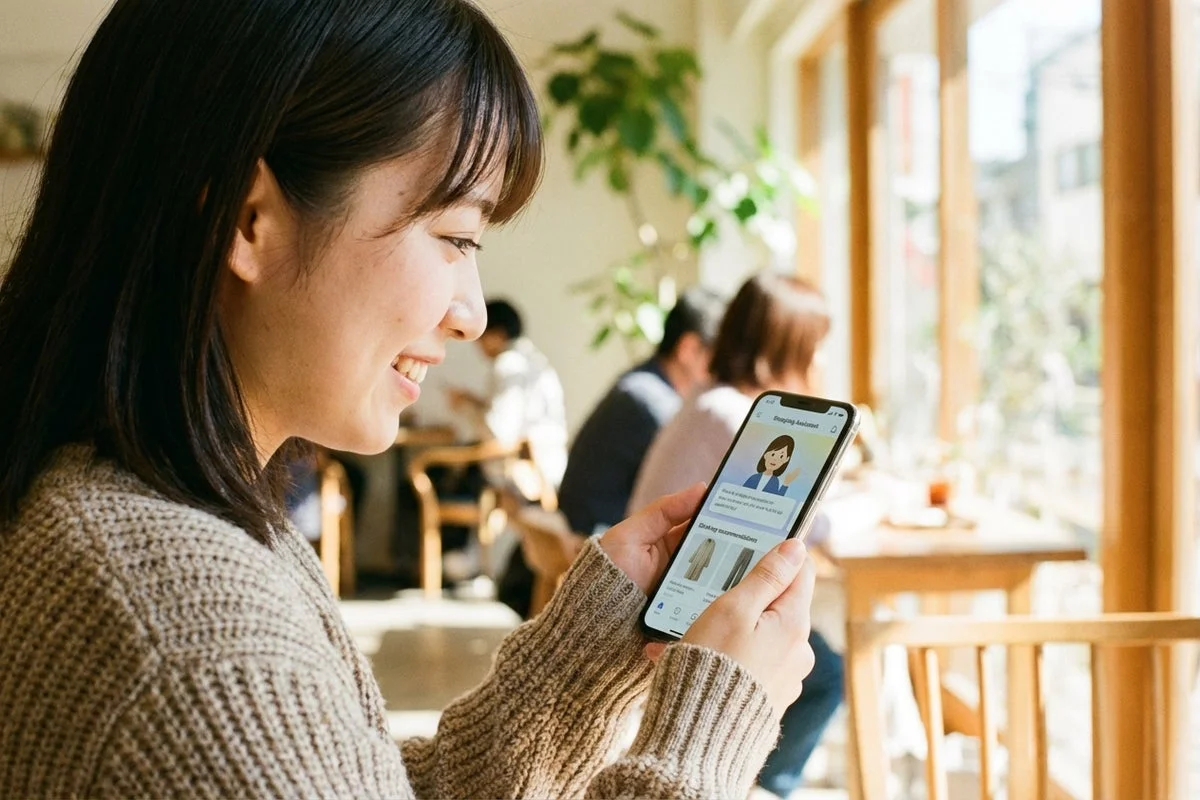 若い女性がスマートフォンでショッピングアシスタントアプリを利用している様子
