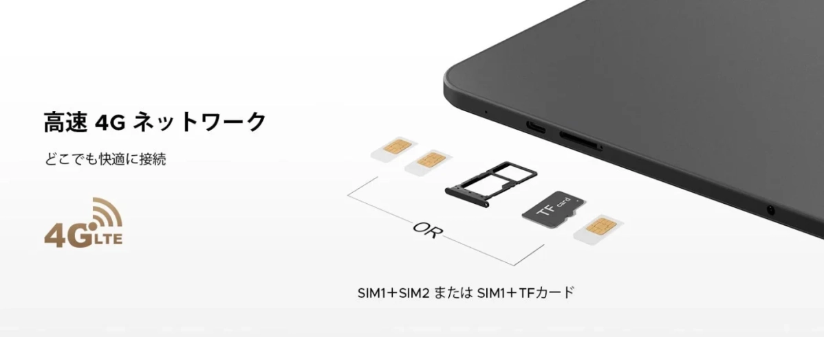 高速 4G ネットワーク どこでも快適に接続 4GLTE OR TF card SIM1+SIM2 または SIM1+TFカード