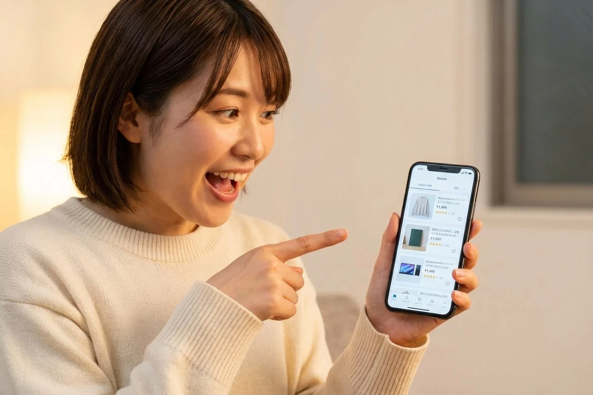 笑顔の若い女性がスマートフォンでオンラインショッピングアプリの画面を指差している様子。