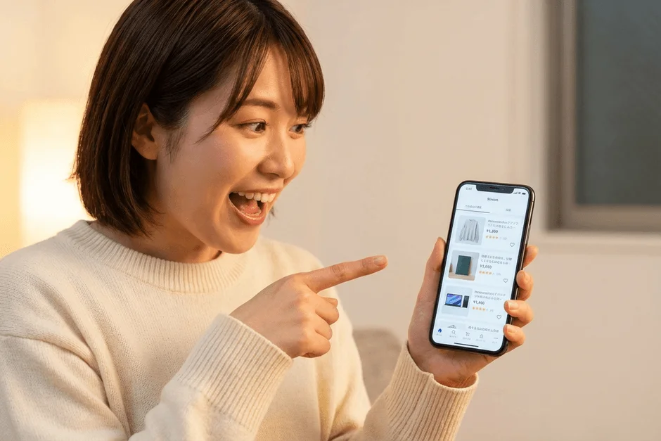 スマートフォンでオンラインショッピングアプリを指差す女性