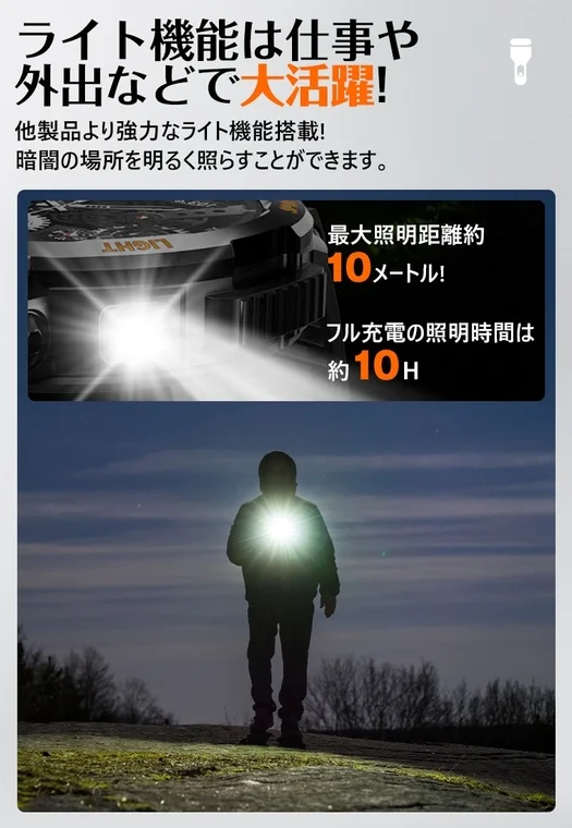 仕事や外出で活躍する強力なライト機能の紹介画像。暗闇を明るく照らし、最大照明距離約10m、フル充電で約10時間点灯可能。夜間の屋外でライトを使用する人物の様子が描かれています。
