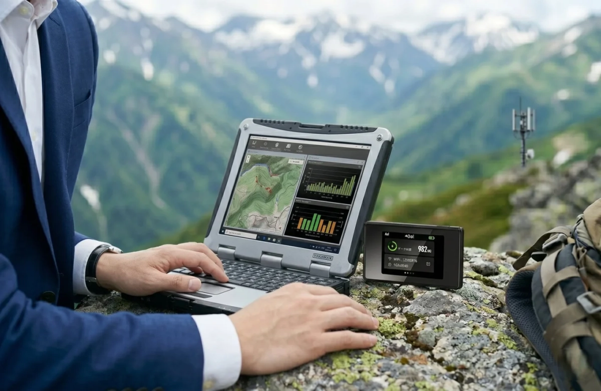山岳地帯でノートPCとモバイルWi-Fi