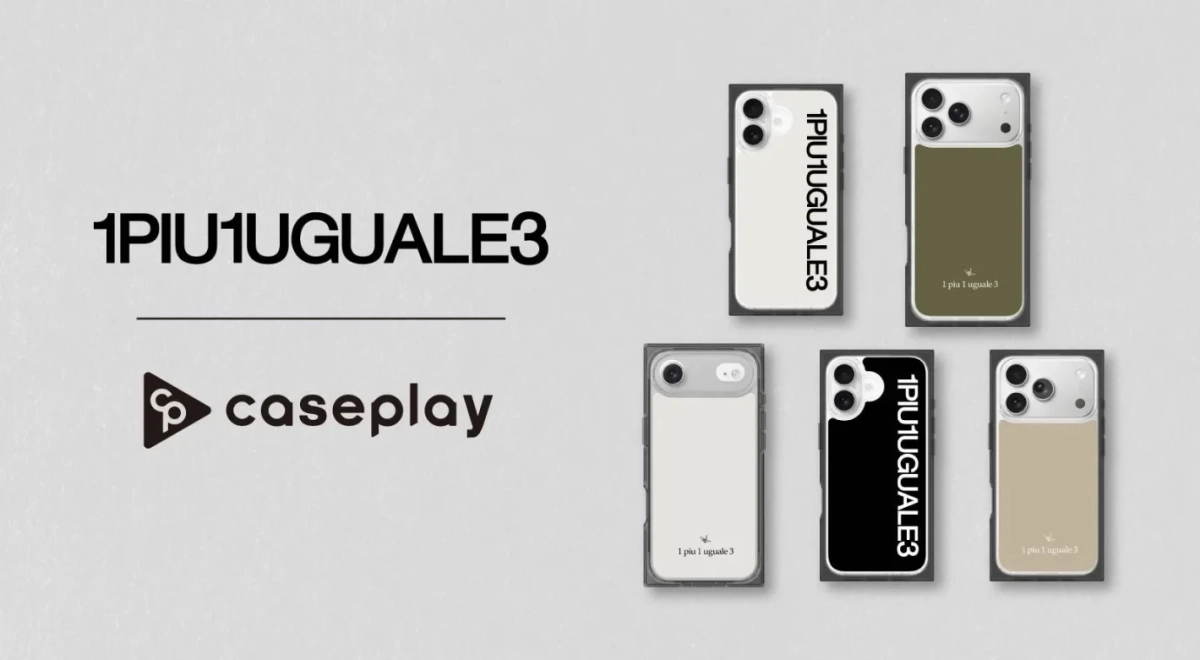 1PIU1UGUALE3とcaseplayのコラボレーションによるiPhoneケースが複数展示されています。