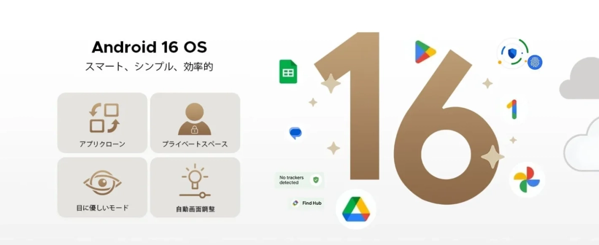 Android 16 OS スマート、シンプル、効率的 アプリクローン プライベートスペース 目に優しいモード 自動画面調整 No trackers detected Find Hub