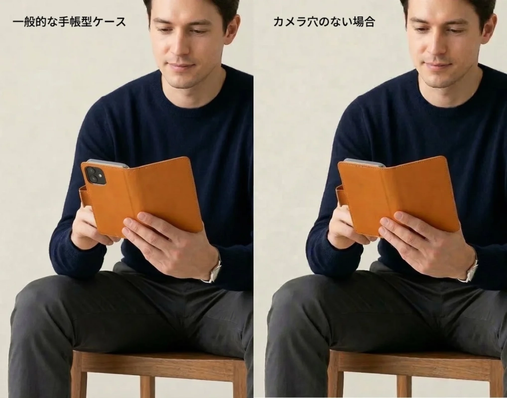 一般的な手帳型ケースとカメラ穴のないケースの比較