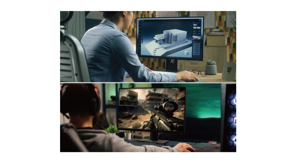 建築デザインとFPSゲームを楽しむ様子