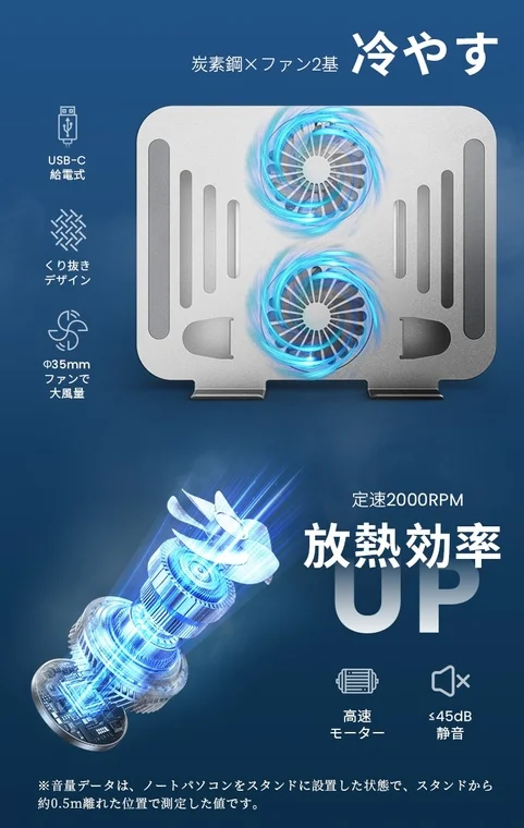 炭素鋼製で2基の冷却ファンを搭載したUSB-C給電式ノートパソコンスタンドの広告
