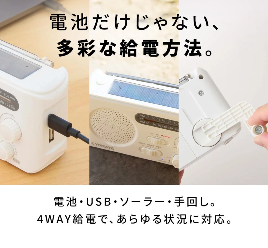 電池だけじゃない、多彩な給電方法。 電池・USB・ソーラー・手回し。 4WAY給電で、あらゆる状況に対応。 KYOHAYA FM 76 80 85 90 97 104 AM 52.2 70 90 110 130 16 外部出力 充電 サイレン
