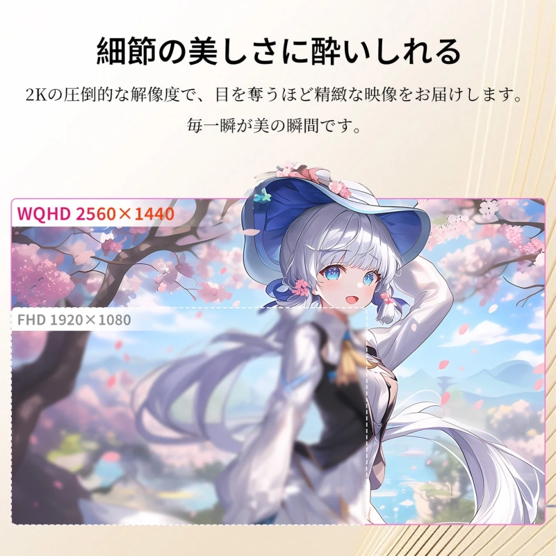 WQHDとFHDの解像度比較を示すアニメイラスト