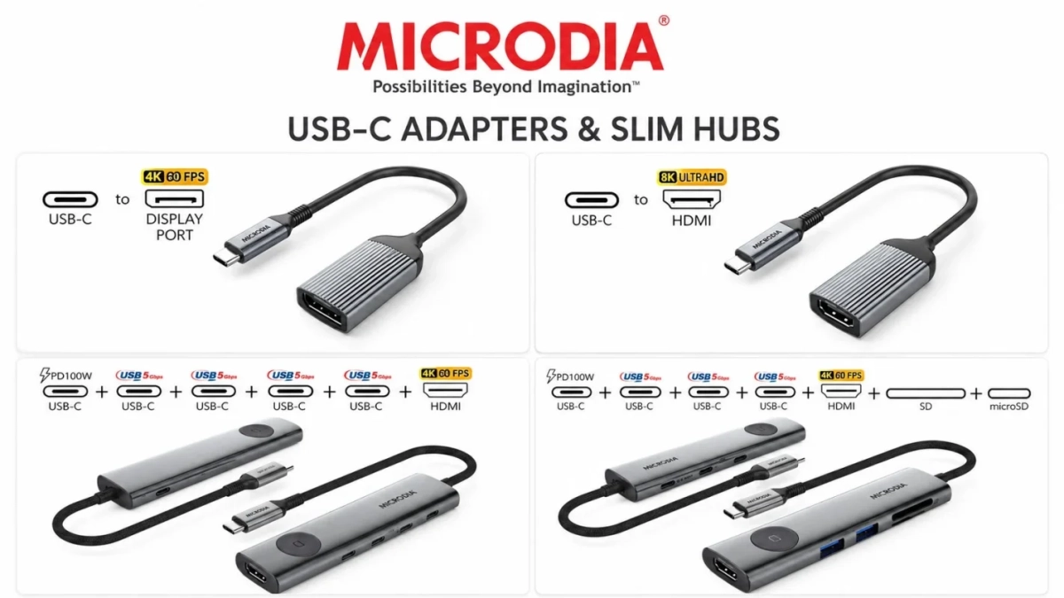 MICRODIAのUSB-Cアダプターとスリムハブの製品ラインナップを紹介する画像です。