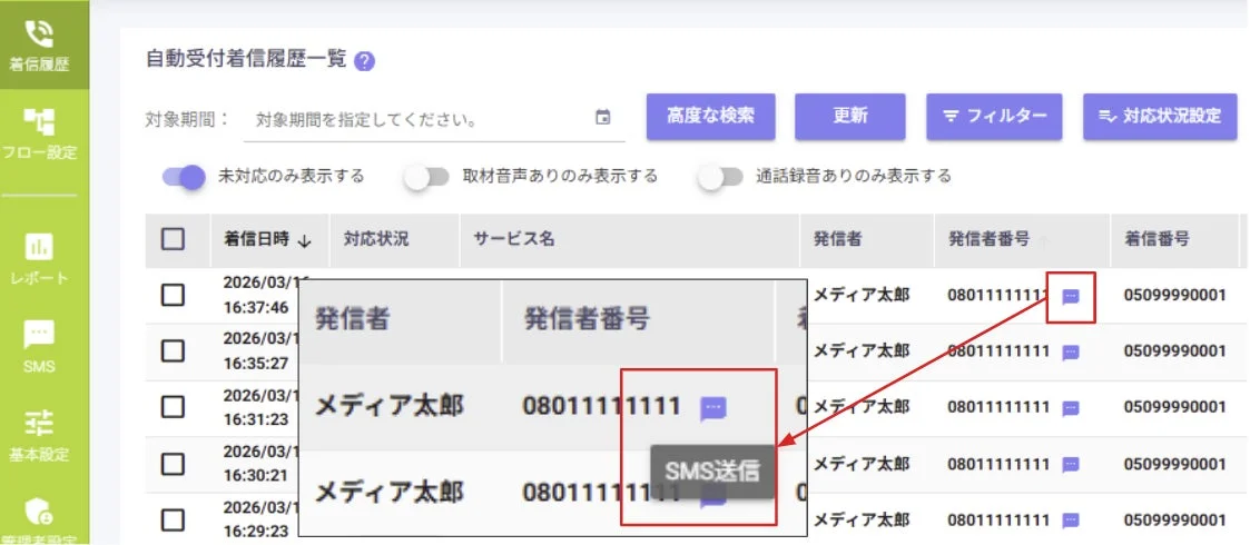 着信履歴,自動受付,SMS送信,発信者番号,管理画面,UI,ウェブアプリケーション,コミュニケーションツール,履歴管理