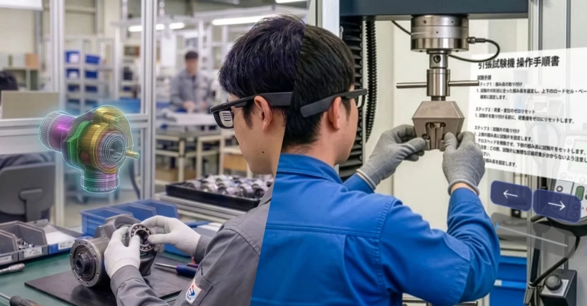 スマートグラスを用いた拡張現実(AR)技術が産業現場で活用されている様子。ARの3Dモデルで部品組み立てを、ARグラスに表示された作業手順書に従い試験機を操作している