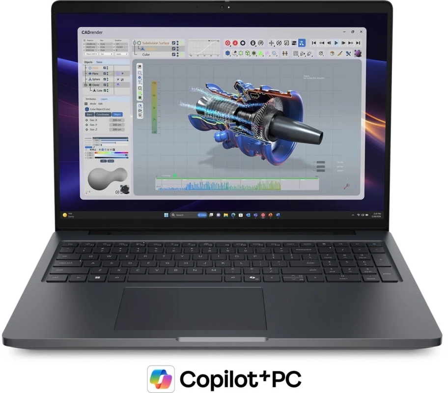 ダークグレーのノートパソコンが映し出されており、画面にはガスタービンの3D CADレンダリングが表示されています。