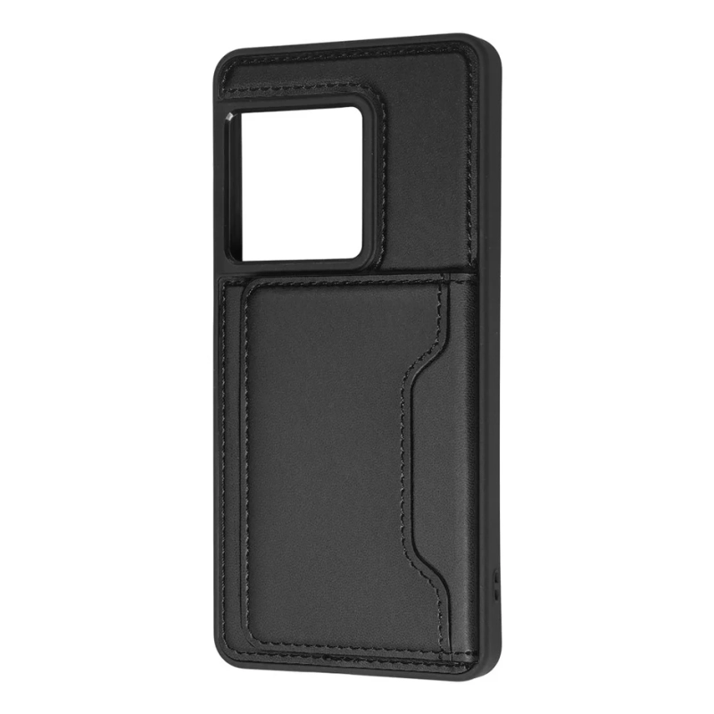 黒色のスマートフォンケースです。背面にはカード収納ポケットが付いています