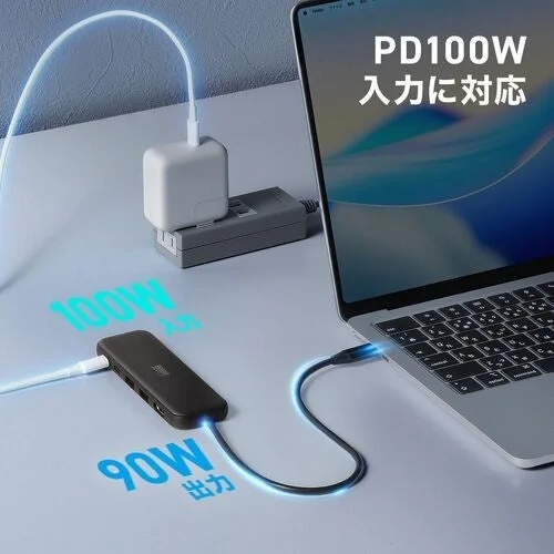PD100W入力に対応し、ノートPCへ給電しているUSBハブのイメージ