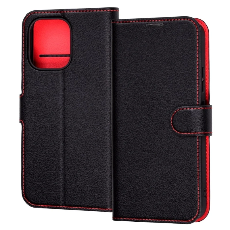 黒いレザー調の手帳型スマホケースです。赤いステッチがアクセント