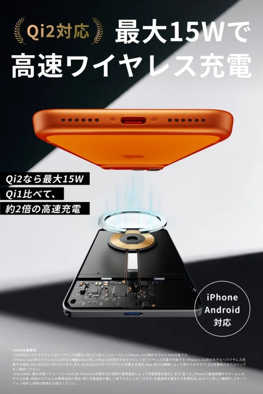 Qi2対応 最大15Wで高速ワイヤレス充電