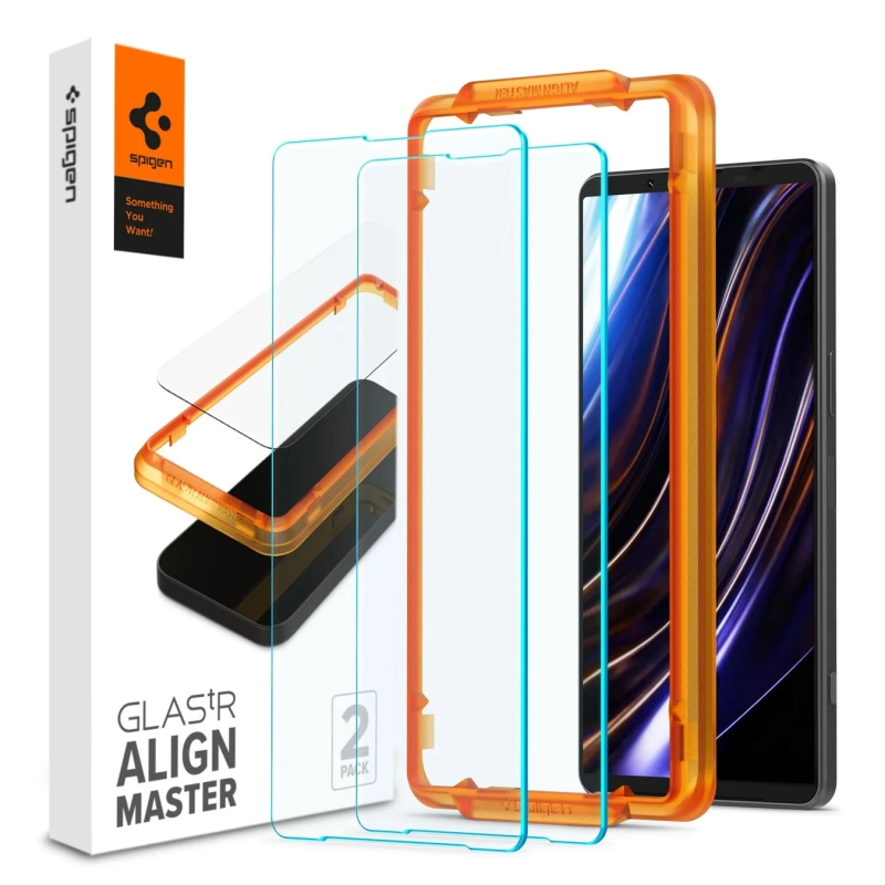 Spigen製のスマートフォン用強化ガラス製画面保護フィルム「Glas.tR Align Master」の製品画像。オレンジ色の貼り付けガイドフレームと2枚の保護フィルム、そしてスマートフォンが写っており、簡単に正確に貼り付けられることを示唆しています。