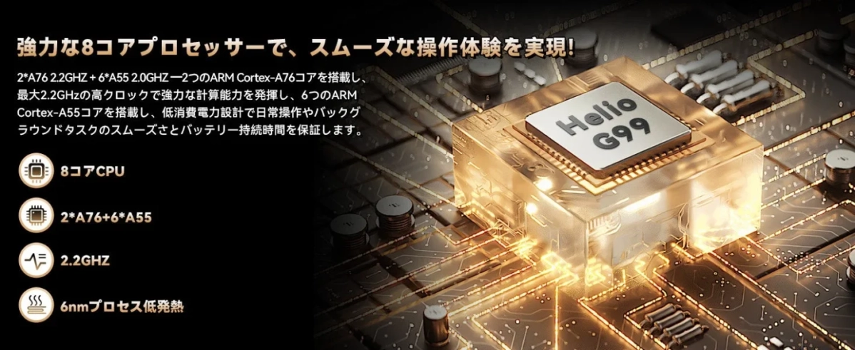Helio G99 8コアプロセッサーの性能をアピールする画像