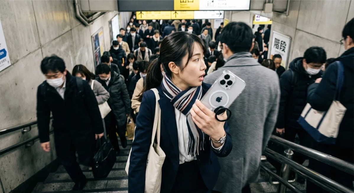 駅の階段でスマホを持つ人々
