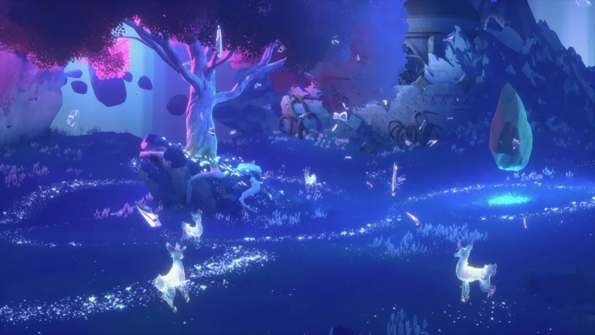 青と紫を基調とした幻想的な夜の森の風景