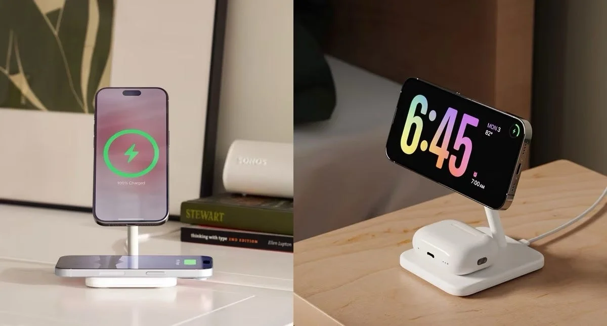 iPhoneとAirPodsがワイヤレス充電スタンドで充電されている2つのシーン