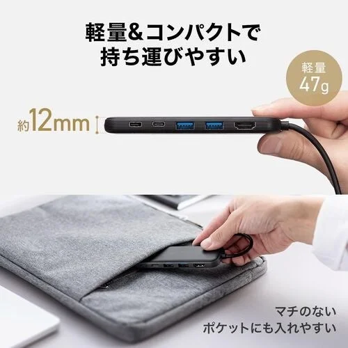 薄型軽量のUSBハブがノートPCケースのポケットに収納されている様子