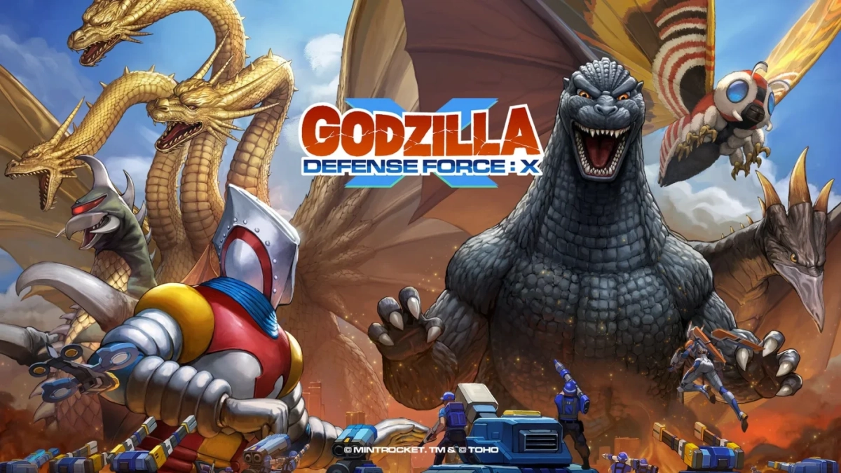 「GODZILLA DEFENSE FORCE: X」というゲームのキービジュアルで、ゴジラを中心にキングギドラ、モスラ、ラドン、ジェットジャガー、ガイガンなど多くの人気怪獣が登場する迫力あるイラストです。