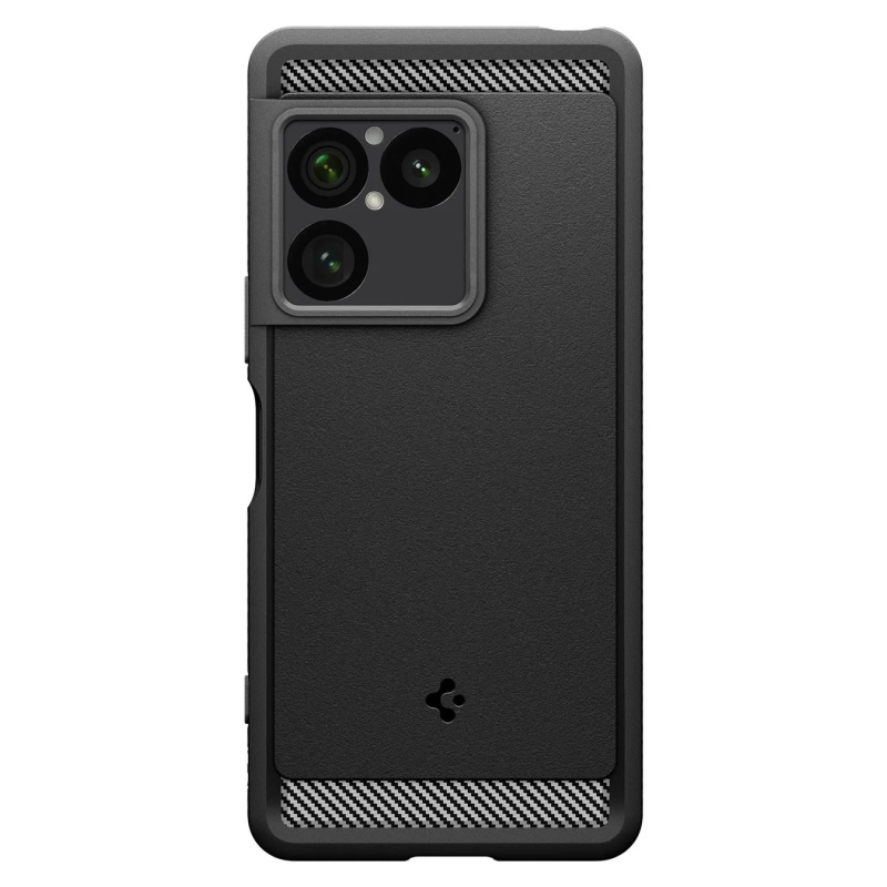 黒いスマートフォン用の保護ケースが写っています。テクスチャ加工された表面で、上部と下部にはカーボン調の模様があります。