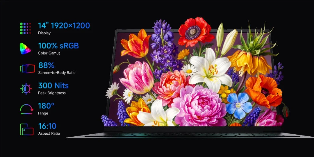 14" 1920x1200 Display 100% sRGB Color Gamut 88% Screen-to-Body Ratio 300 Nits Peak Brightness 180° Hinge 16:10 Aspect Ratio