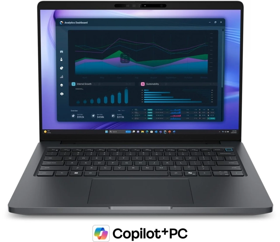 Copilot+PCのロゴと共に、画面にデータ分析ダッシュボードが表示された黒いノートPCの画像。