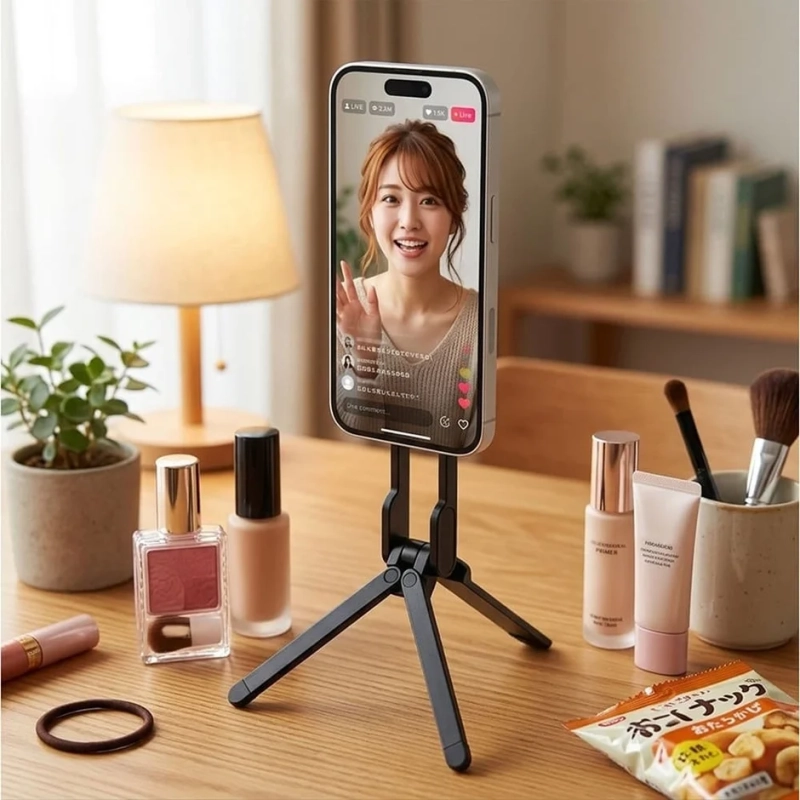 スマートフォンが三脚に立てられ、笑顔の女性が映るライブ配信画面が表示されています。
