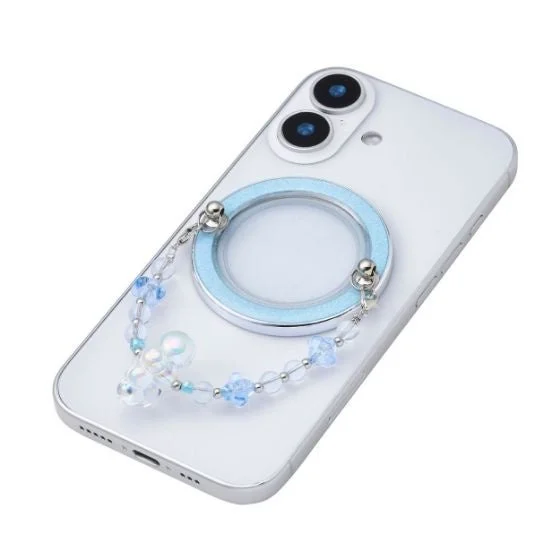 水色のマグネットリングと星形ビーズストラップが付いた白いスマートフォン