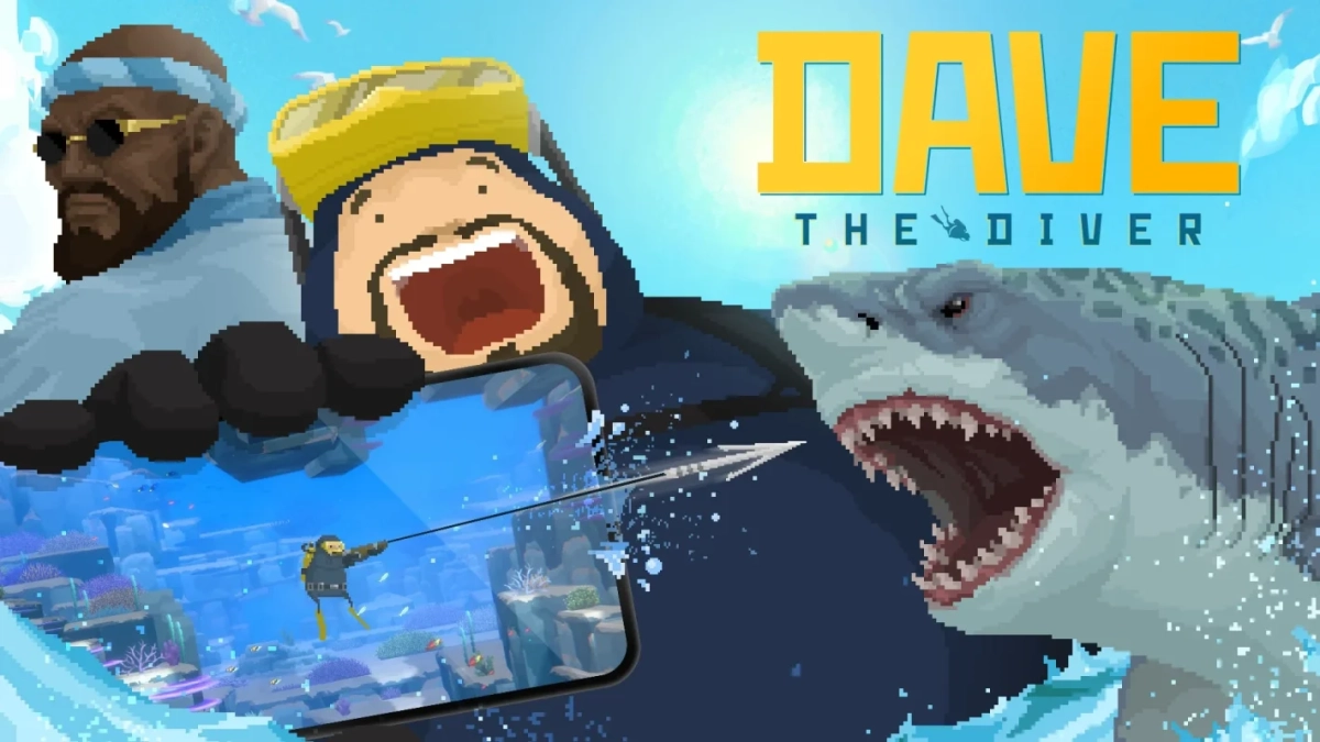 ピクセルアートで描かれたゲーム「DAVE THE DIVER」のキービジュアル。巨大なサメと、驚いた表情のキャラクター、そして水中を泳ぐダイバーが描かれている。