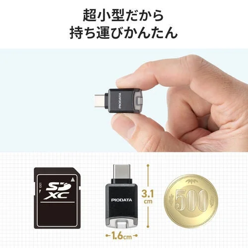 超小型のPIODATA製USB Type-Cデバイスが指で持たれており、そのコンパクトさが強調されている画像